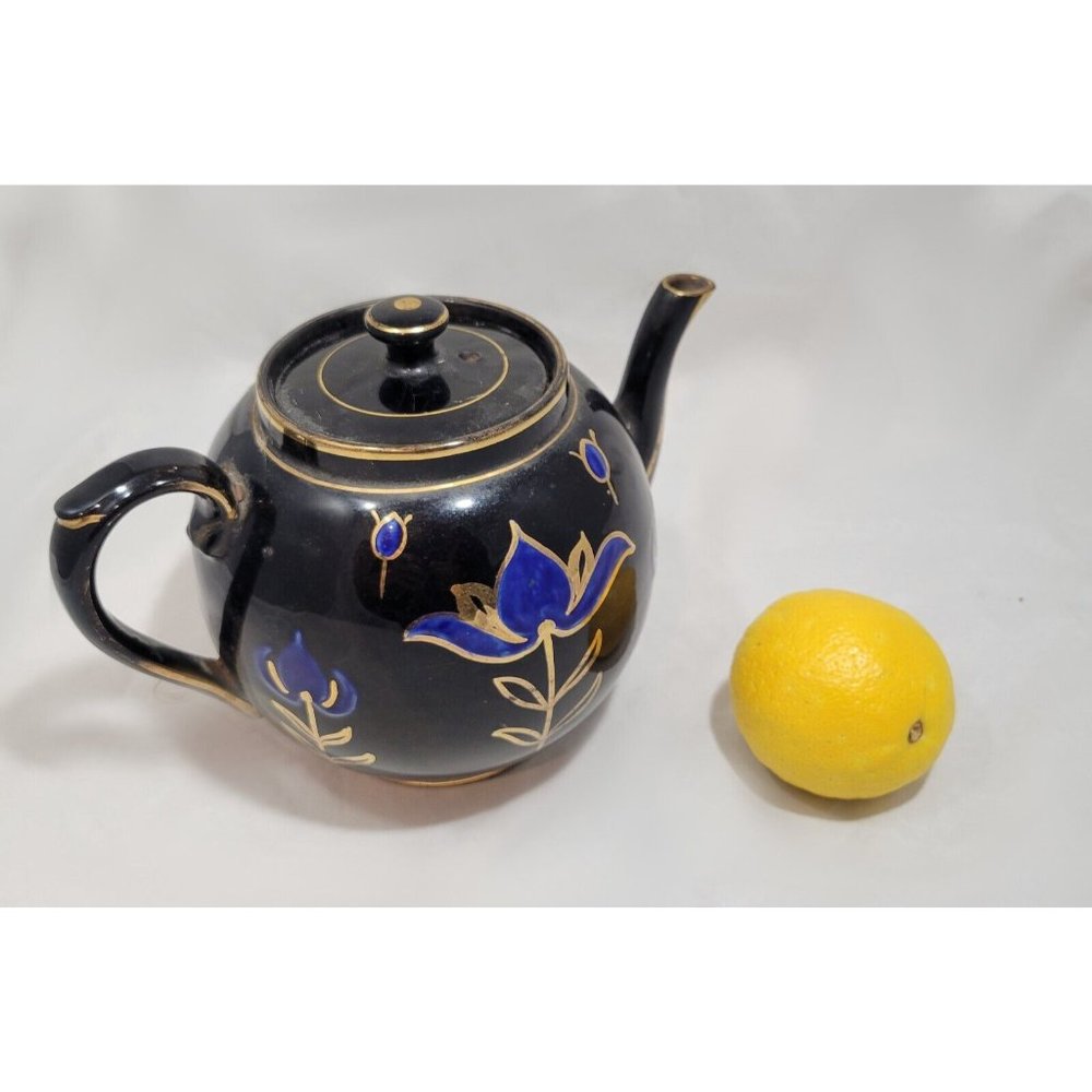 Vintage Black Ceramic Teapot Hand Painted Gold and Blue Tulip Floral